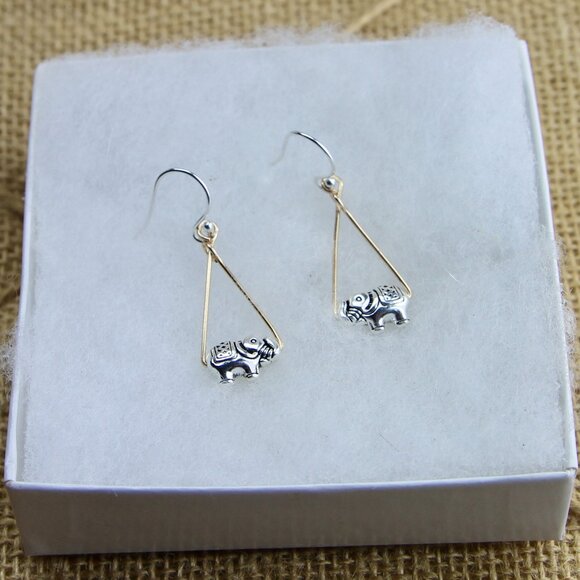 Silver Elephant Charm Earrings with Gold Accents & 925 Sterling Silver Wires - Picture 2 of 5